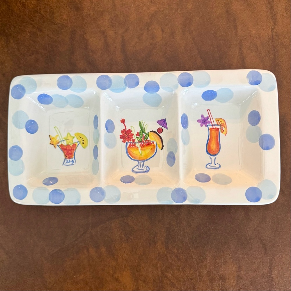 Polka Dot Ceramic Divided Serving Dish Relish Tray Tropical Cocktail Drinks